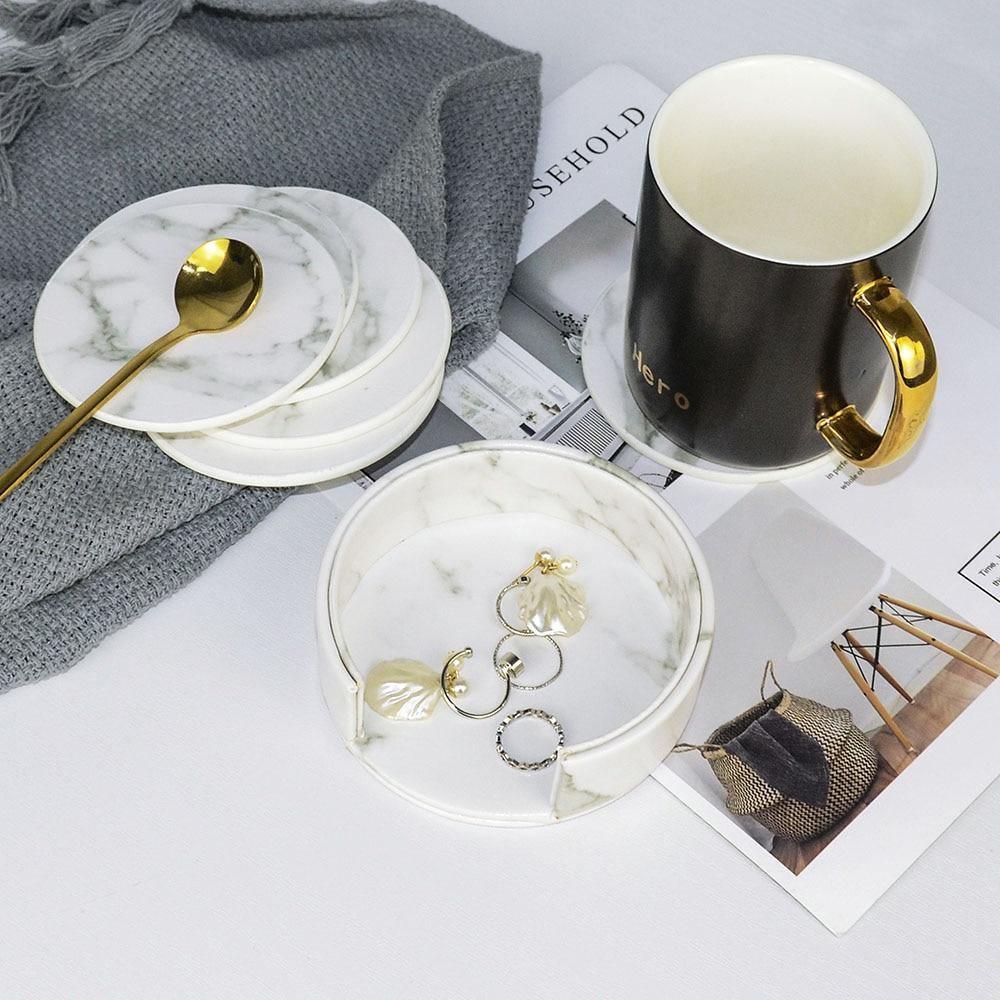 GarduruVegan Læder Coaster Set | Marmorutseende | Elegant Beskyttelse for Overflater