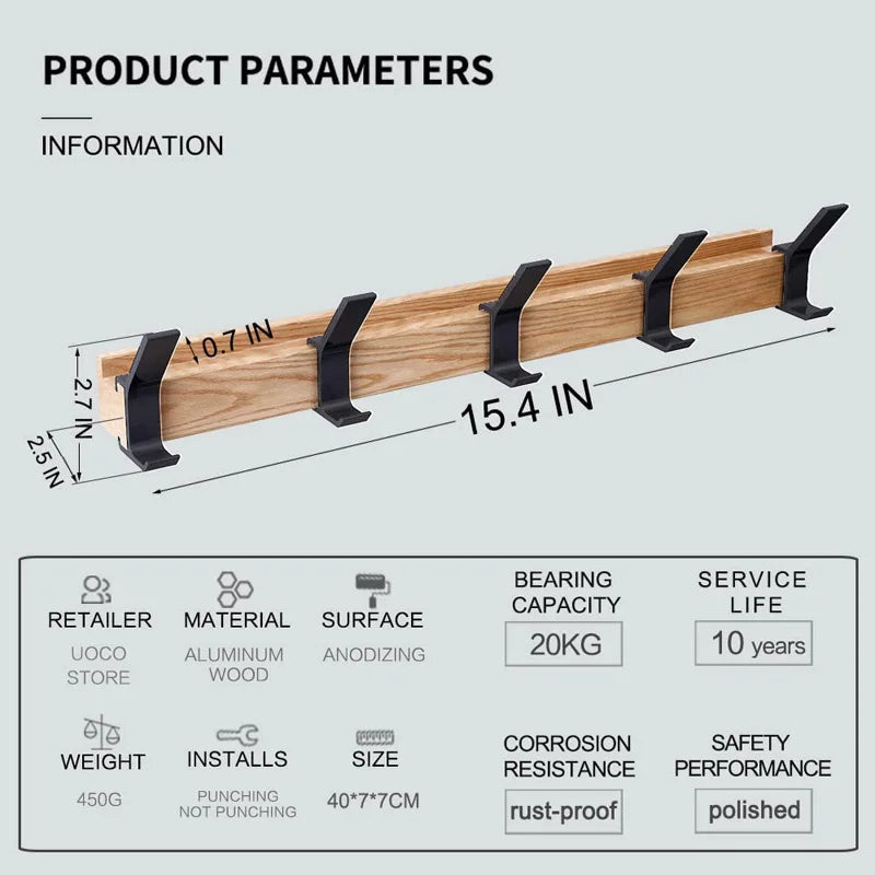 Norvo | Veggmontert Kleshenger med Flyttbare Dobbelkroker – Sort Nordisk Design – Tre & Aluminium – 40x7x7cm