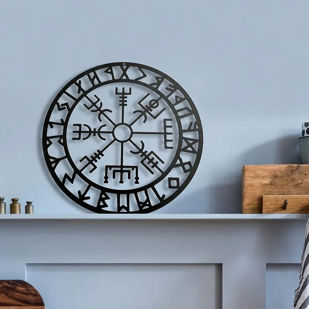 Norvo | Norse Viking Rune Kompass Svart Metall Veggkunst 3D Jern Håndverk Veggmontert Nordisk Plakett For Stue Spisestue Kreativ Boliginnredning