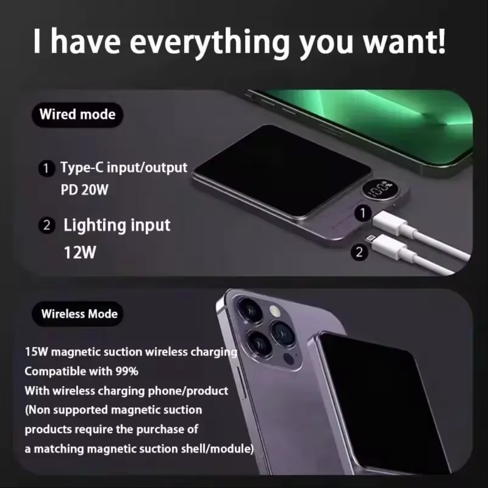 Norvo | mAh Magnetisk Trådløs Bærbar Power Bank Kompatibel med iPhone