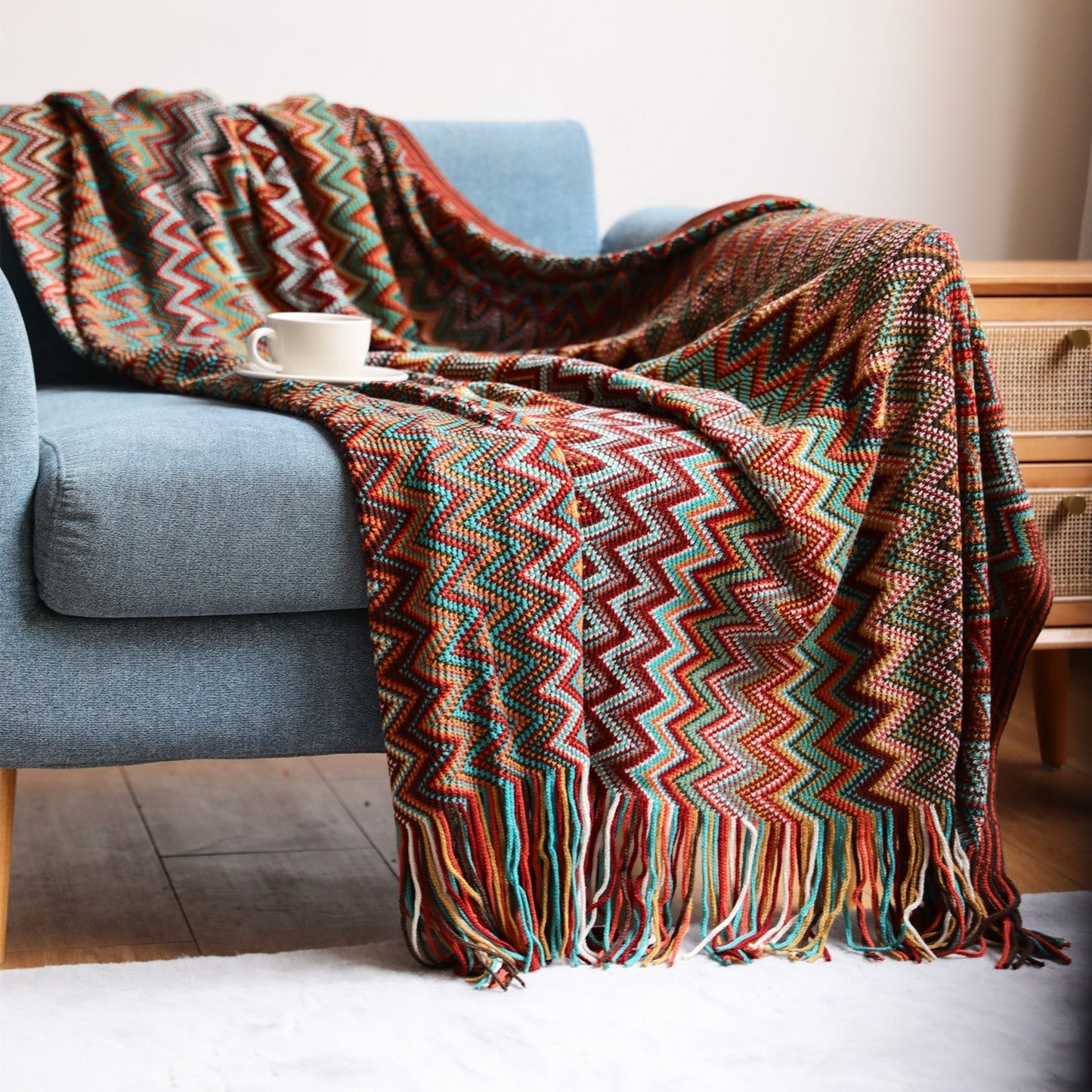 Norvo | Boho Chevron Duvet Cover – Håndvevd – Med Frynser – Varm Jordtoner
