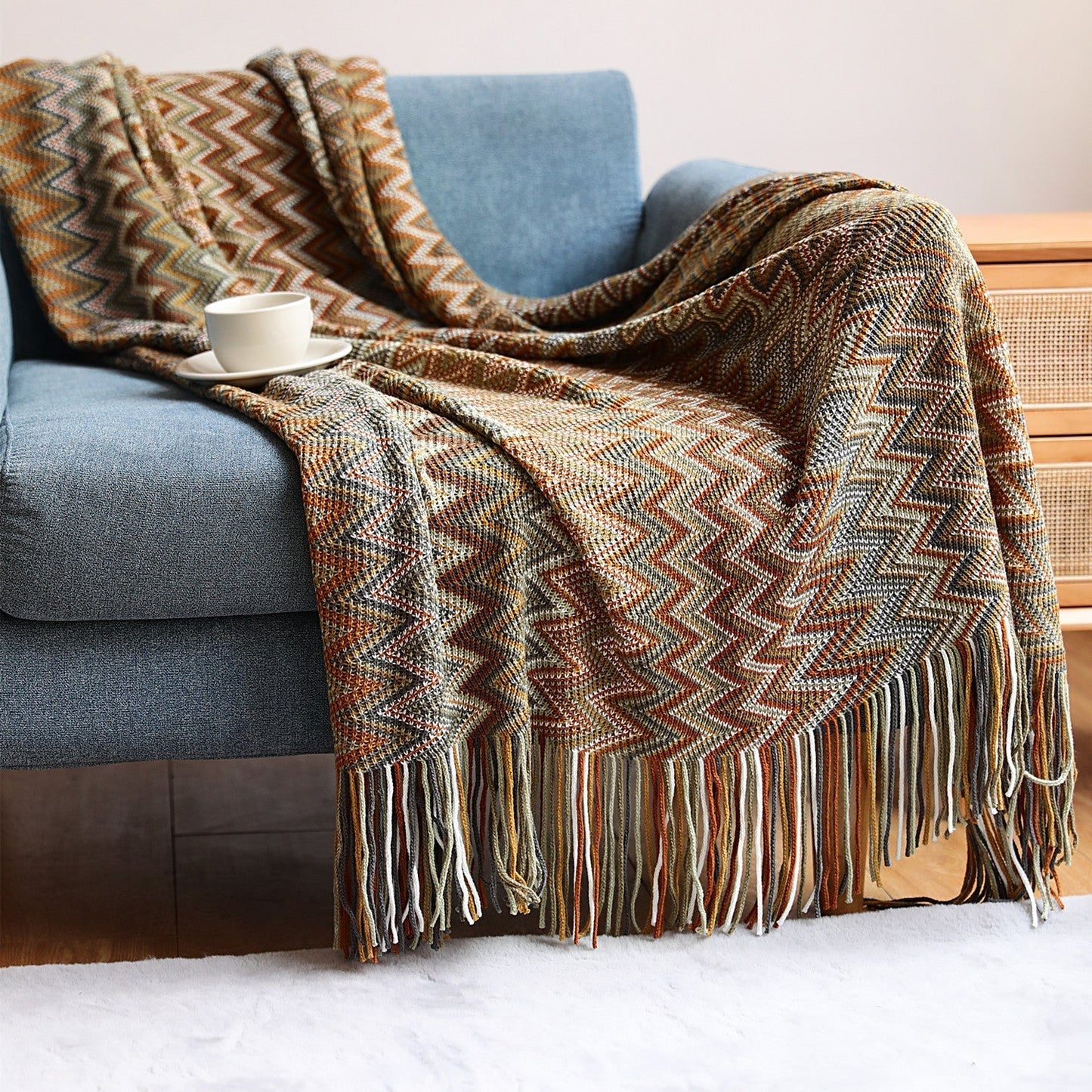Norvo | Boho Chevron Duvet Cover – Håndvevd – Med Frynser – Varm Jordtoner