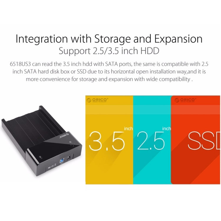 Norvo | ORICO 6518US3 USB 3.0 Type-B 2.5 / 3.5 Tommers Verktøyløs HDD Dockingstasjon Ekstern Lagringskabinett Harddiskboks (Svart)