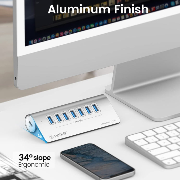 Norvo | ORICO M3U7-G2 Aluminiumlegering 7-port USB 3.2 Gen2 10Gbps HUB med 0,5 m kabel (Sølv)