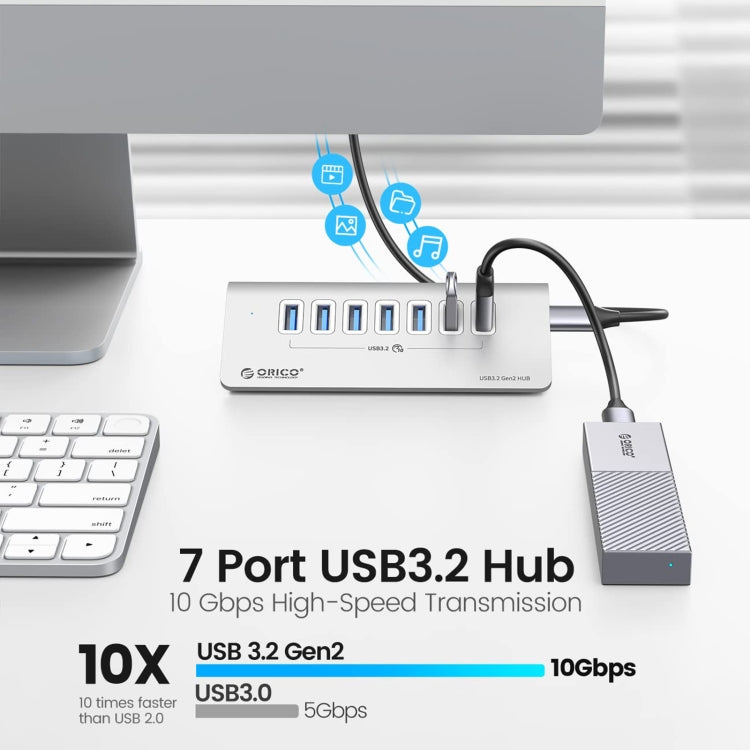 Norvo | ORICO M3U7-G2 Aluminiumlegering 7-port USB 3.2 Gen2 10Gbps HUB med 0,5 m kabel (Sølv)