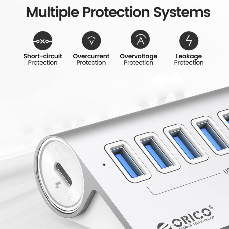 Norvo | ORICO M3U7-G2 Aluminiumlegering 7-port USB 3.2 Gen2 10Gbps HUB med 0,5 m kabel (Sølv)