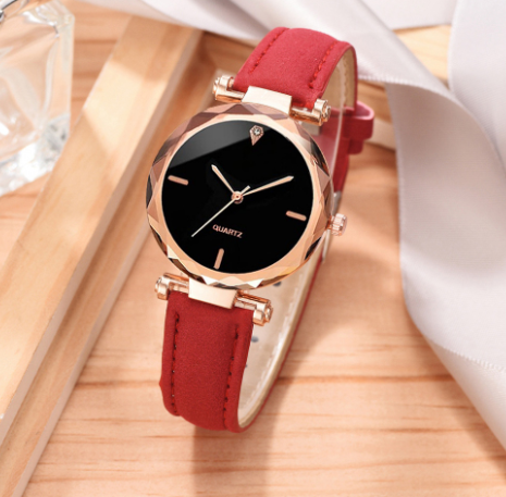 Norvo | Rød rammefri diamantkutt armbåndsur ekte lær klokke