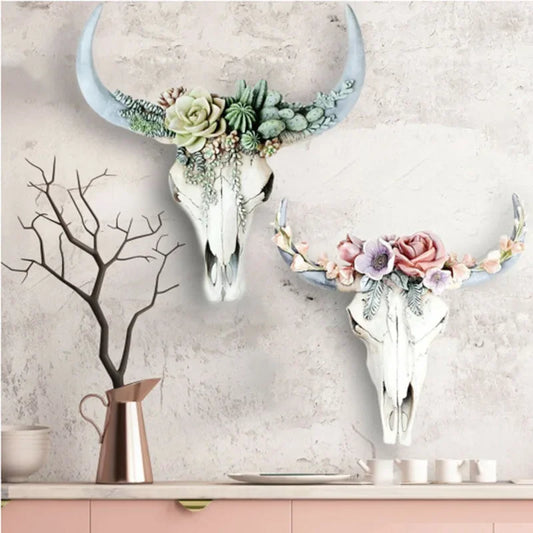 Norvo | Ku Skalle - Bully - Veggdekorasjon med Blomster - Harpiks Hjemmedekor