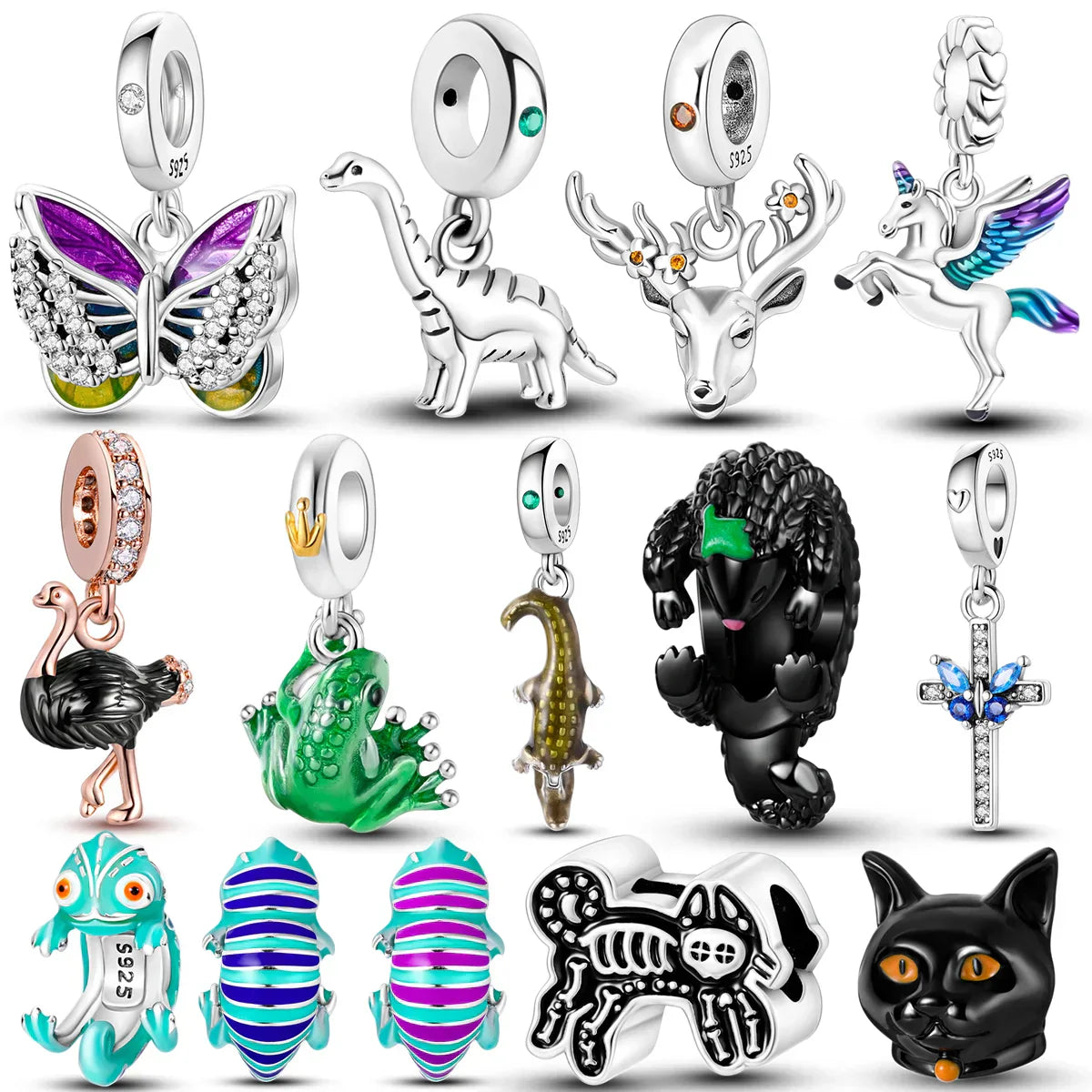 Norvo | 925 Sølv Gylden Leopard Charms Perler Fargerik Kameleon Nesehorn Løve Skarabé Katt Anheng Kompatibel med Original Pandora Armbånd Smykker