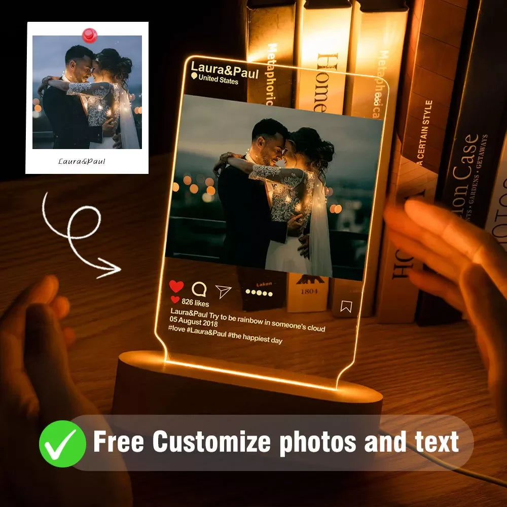 Norvo | Personlig 3D-foto-lampe: Individuell foto og tekst nattlys - Ideell for Valentinsdag, bryllup, jubileum, bursdagsgaver