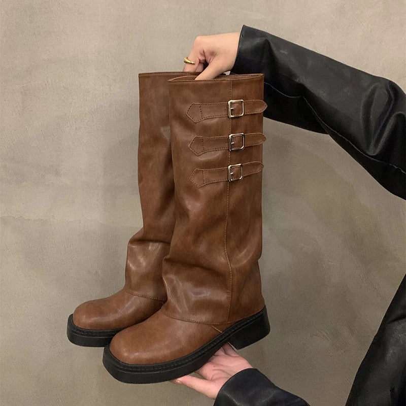 Norvo | Retro Stil Kne-Høye Støvler Kvinner Mote Kvinner Slip-On Ridder Lange Støvler Høst Vinter Kvinner Fottøy