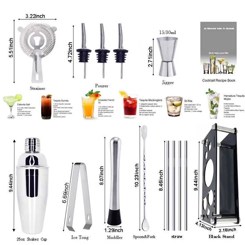 Norvo | 13-22 stk Boston Cocktail Shaker Set - 750ml & 600ml Barverktøy, Vinmikser-sett med holder - Profesjonelt bartender-verktøysett
