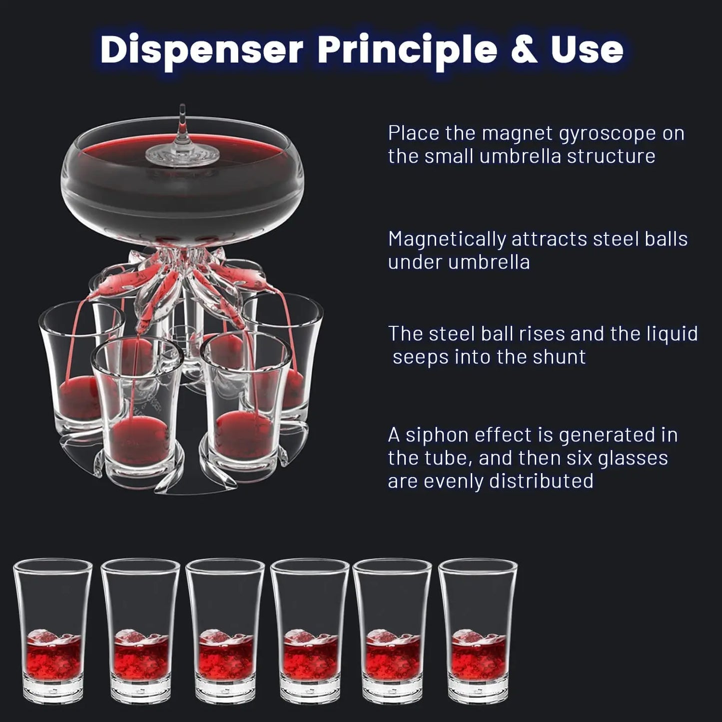 Norvo | Party Drink Shot Dispenser Set med 6 Shot-glass i akrylholder - Perfekt for familiesammenkomster og drikkeleker i baren