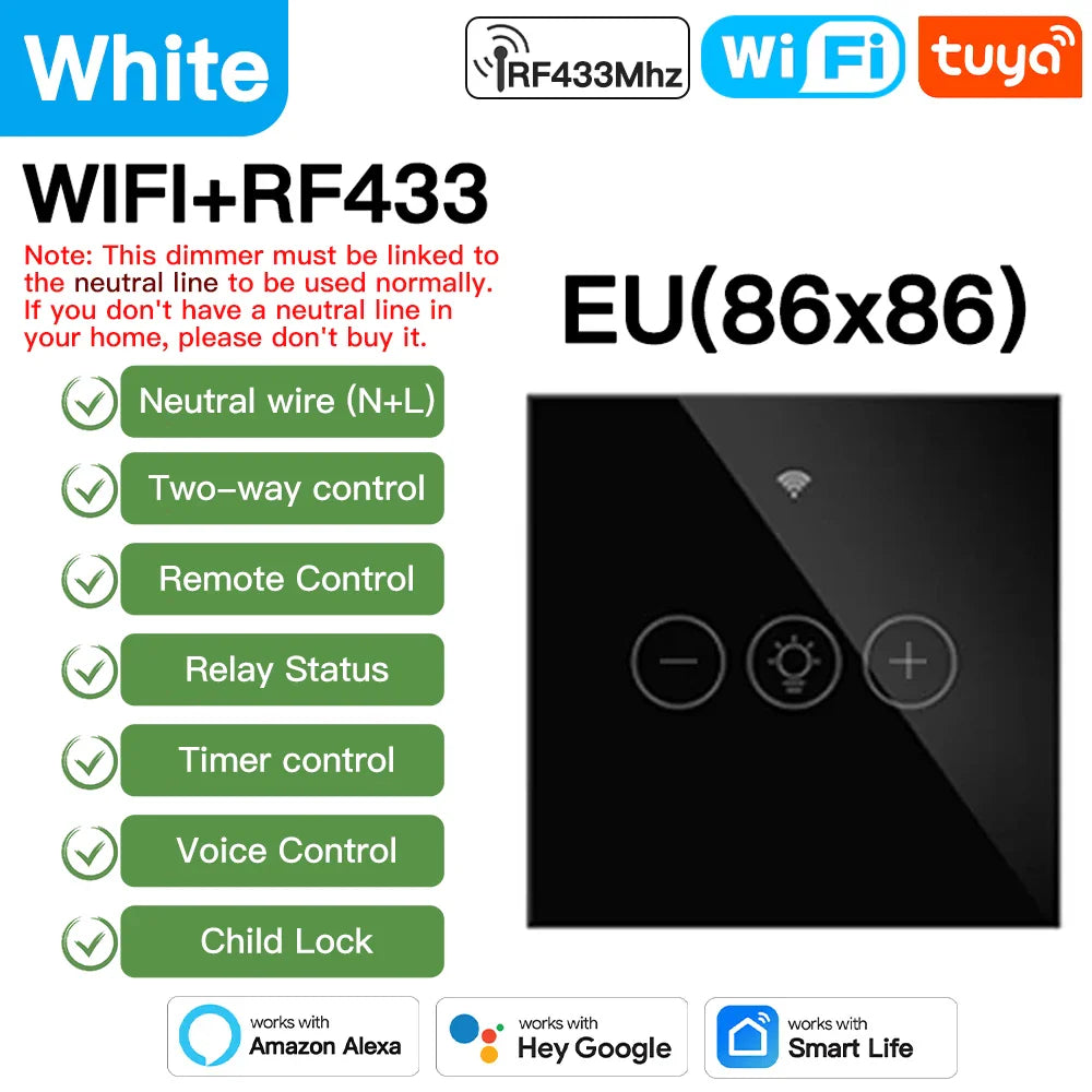 Tuya Smart Light Wall Switch med nøytral leder - WiFi-enhet Dimmerkontroll via SmartLife Google Alexa-apper