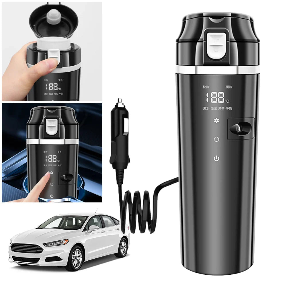 Norvo | 12V/24V Smart Auto Varmebeholder - Elektrisk vannkoker med temperaturkontroll, rustfritt stål 500ML oppvarmet smart kopp for oppvarming av vann