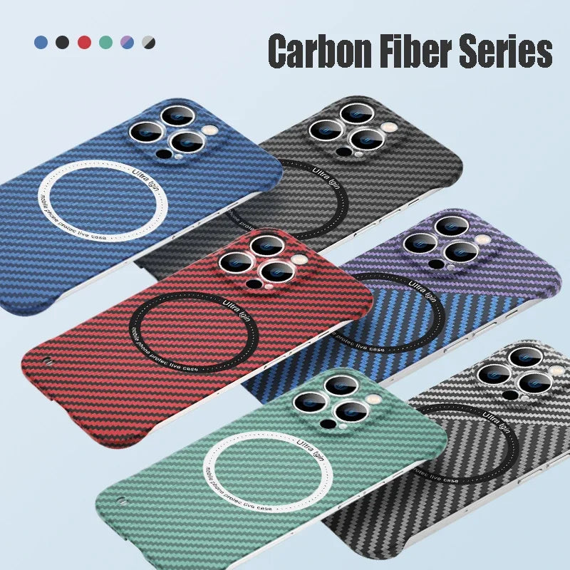 Norvo | Ultra tynn karbonfiber magnetisk etui for iPhone 16 15 ProMax 14 Plus 13 12 11 Pro Max Magsafe trådløs lading uten ramme deksel