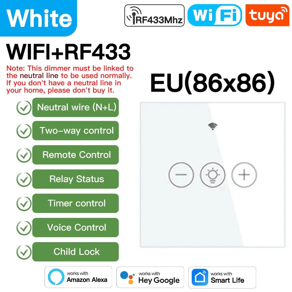 Tuya Smart Light Wall Switch med nøytral leder - WiFi-enhet Dimmerkontroll via SmartLife Google Alexa-apper