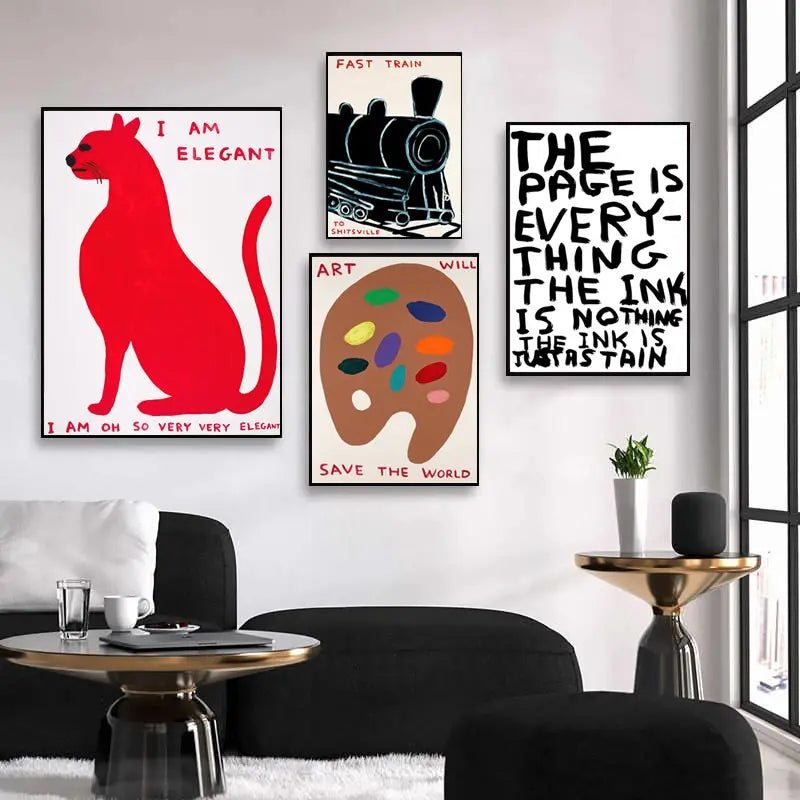 Norvo | David Shrigley Kanin Katt Vin Kjekks Rask Veggkunst Abstrakte Trykk Lerret Maleri Nordisk Plakat Bilder Stue Dekor