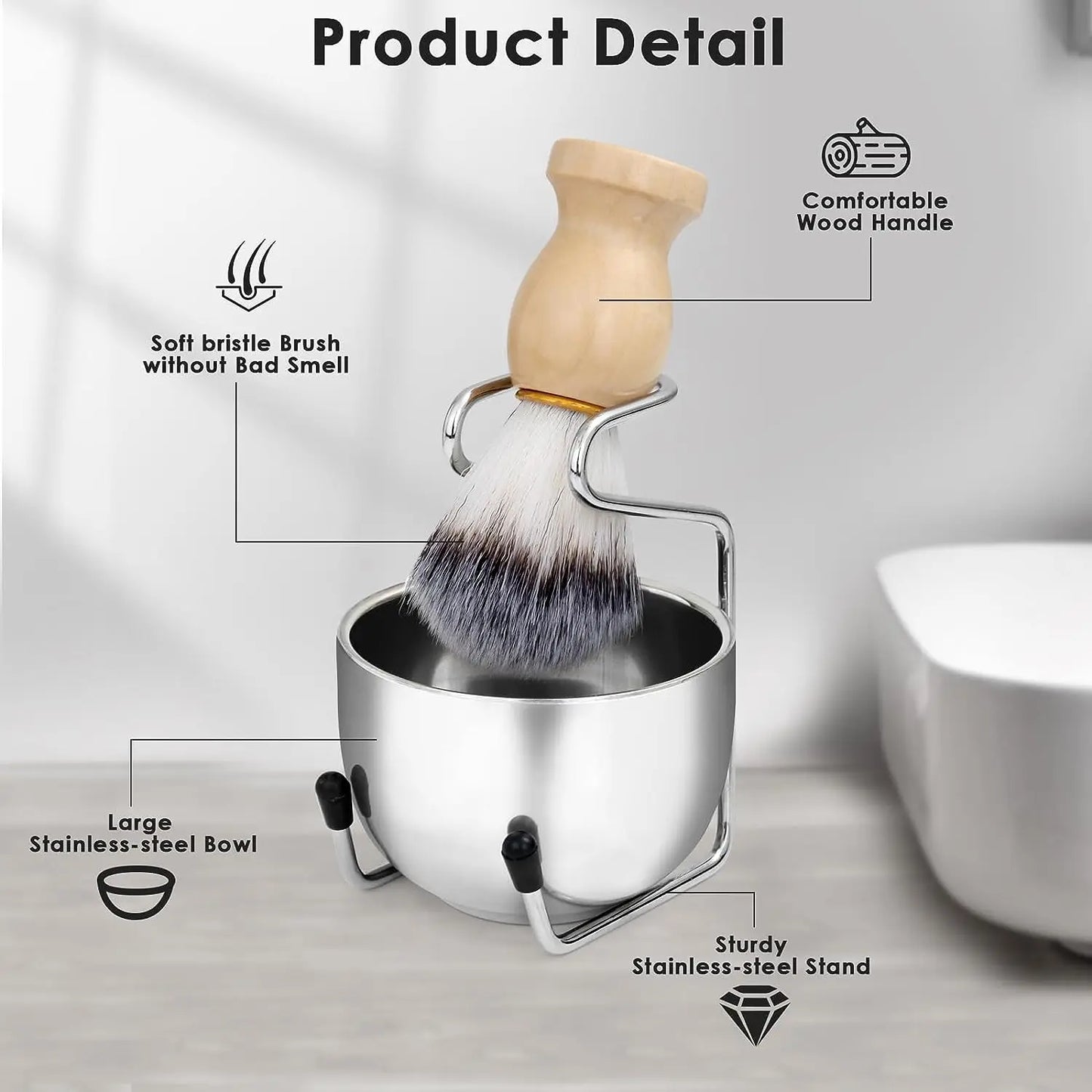 Norvo | Herre barberkost- og bollesett - 3-i-1 barberkit med trehåndtak-borste - rustfritt stål barberbolle & kosteholder