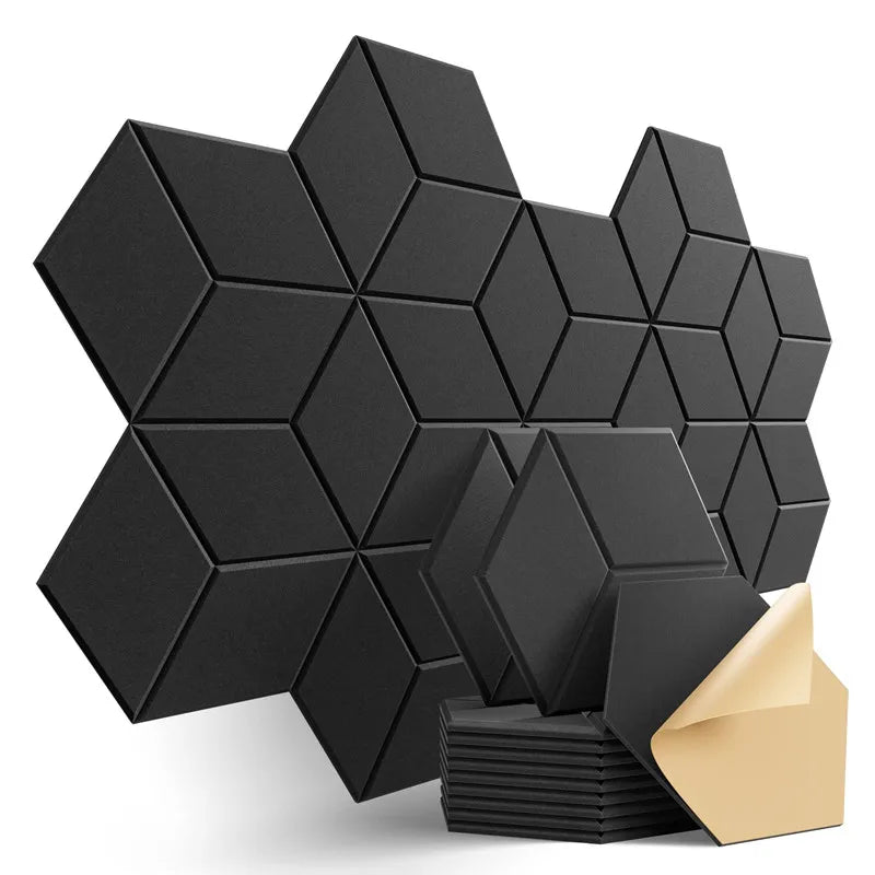 Norvo | 12-pakning hexagonale selvklebende akustikkpaneler - Y-linjedesign for lydabsorbsjon, eliminasjon av ekko, svart skum