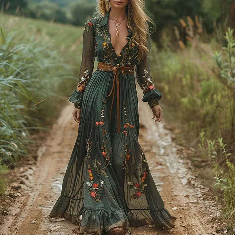 Norvo | Lav V-hals Langermet Boho Stil Maxi Kjole Iricka