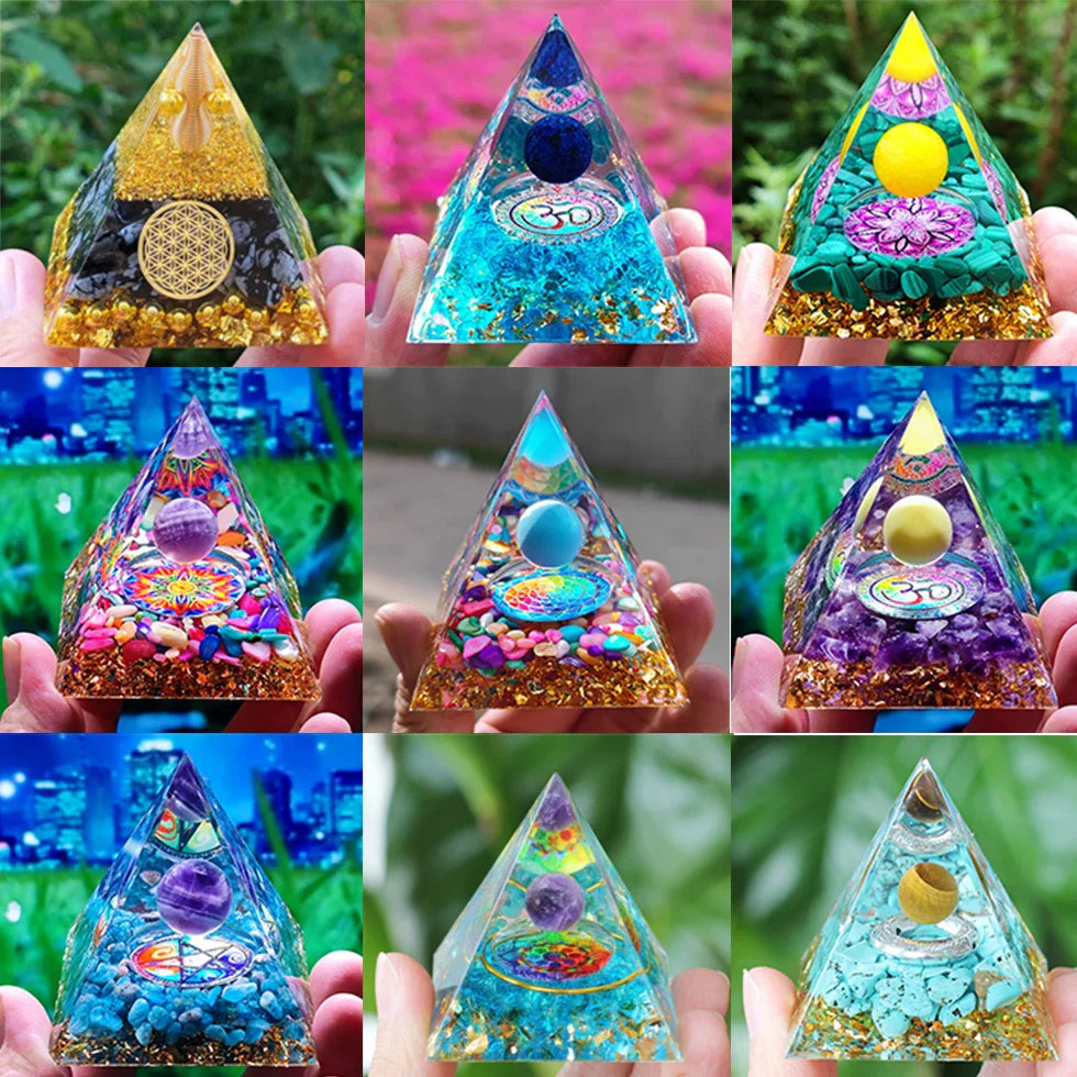 Norvo | Amethyst Peridot Orgone Pyramide - Energigenerator Krystall Reiki Chakra Orgonitt Meditasjonsverktøy
