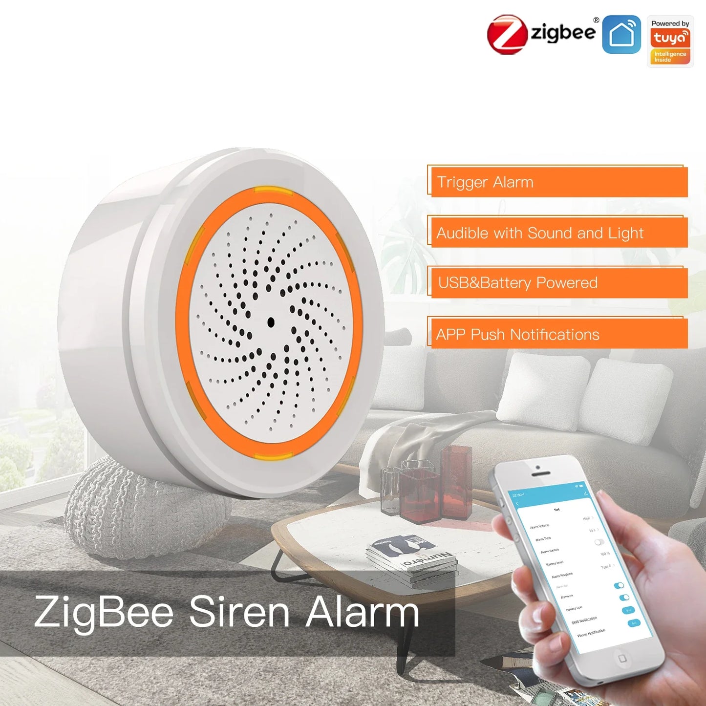 Tuya ZigBee Smart Lyd- og Lys sirene - WiFi 90dB Alarmkontroll via SmartLife Google Alexa-apper