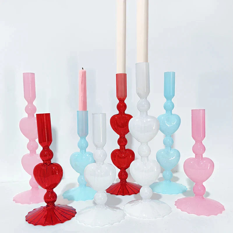 Norvo | Retro Taper Lysestake Rød Hjerteformet Glass Lysestake Bryllup Borddekorasjon Hjem Fest Glass Vase Dekor
