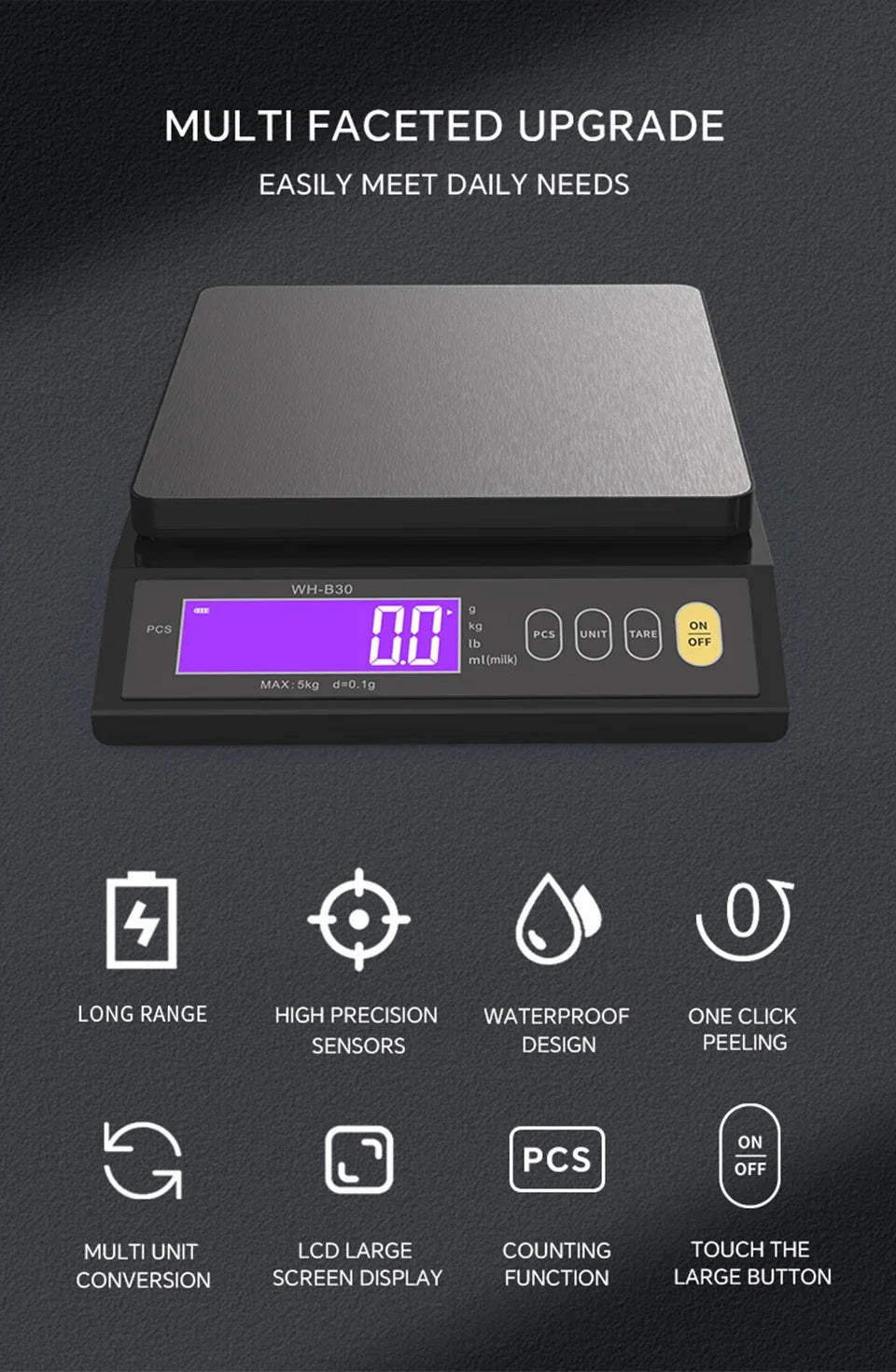 Norvo | 5 kg/0,1 g og 10 kg/1 g digital elektronisk kjøkkenvekt, LCD-skjerm, hel vanntett rustfritt stålværktøy for baking