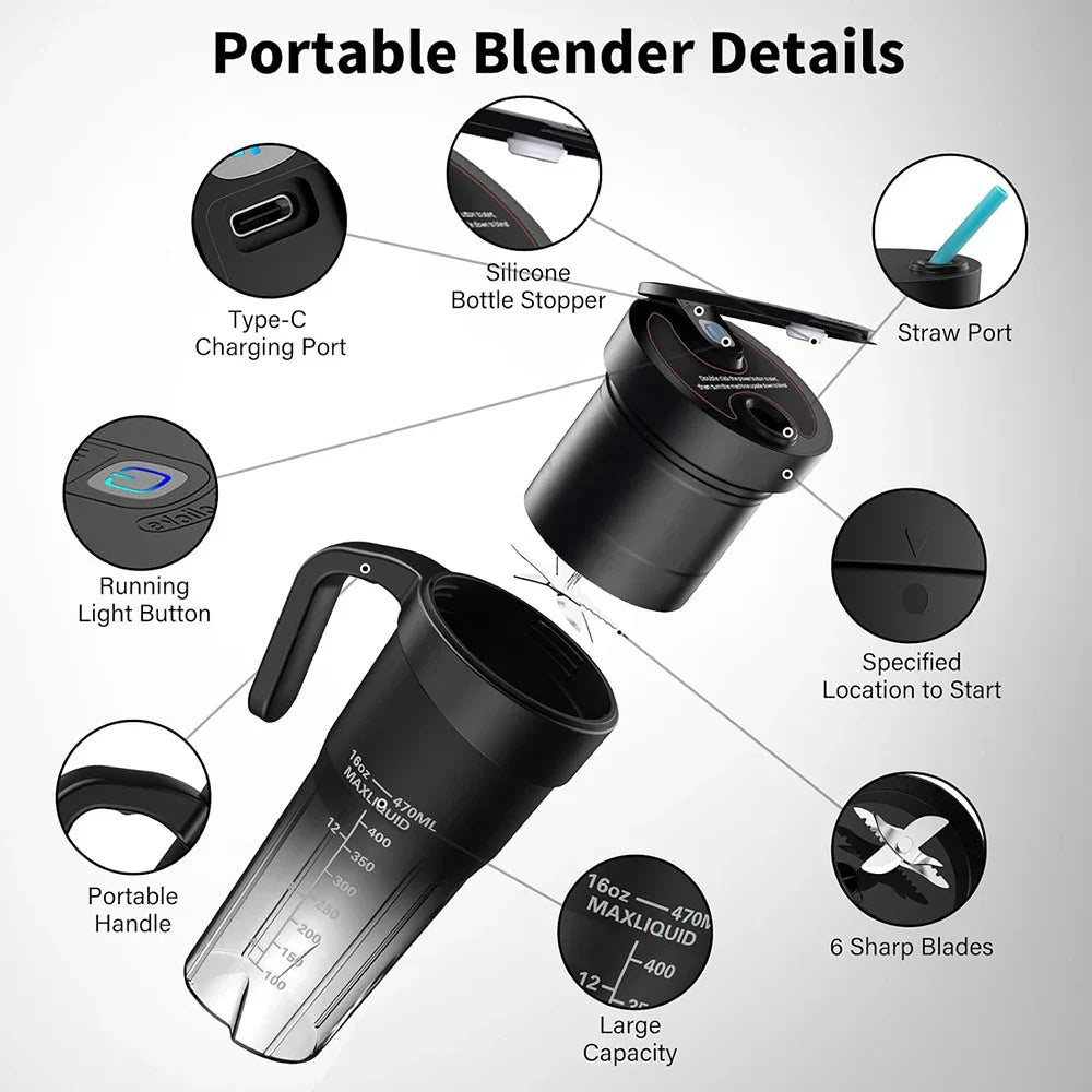 Norvo | Bærbar Juicer - Oppladbar Mini Mikser med 6 Skarpe Blader for Milkshake og Smoothies