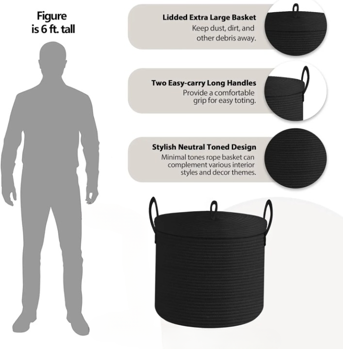 Frendorf | Stor svart bomull tau oppbevaringskurv med lokk – Selwyn