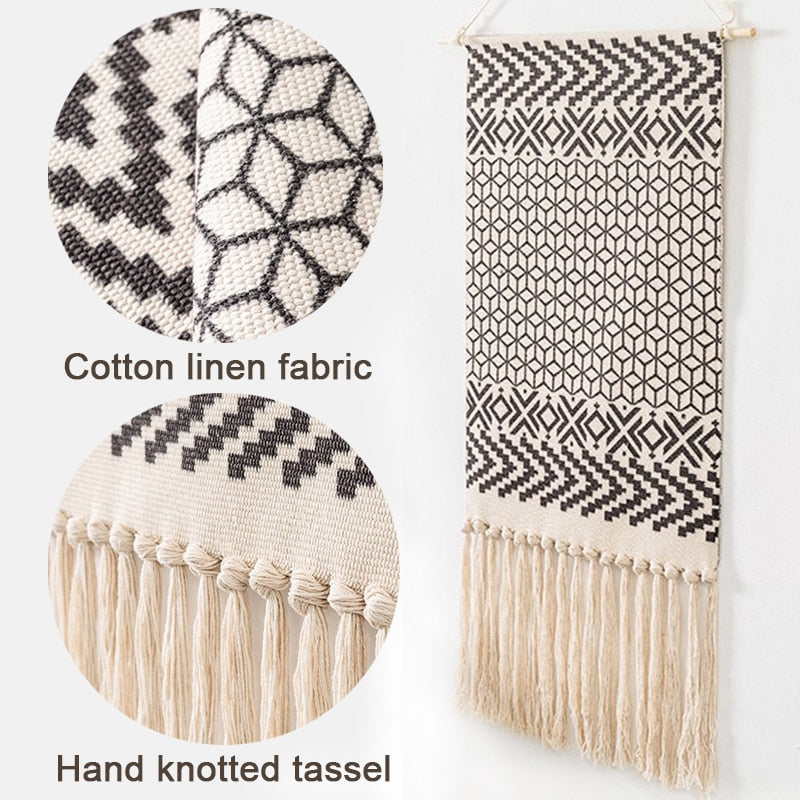 Norvo | Bohemsk Veggteppe, Makramee Vegghengende, Hjemmedekorasjon, Bomull Lin Tassel, Håndlaget, Vevd, Geometrisk Lærred Kunst, Bakgrunns Veggtepper