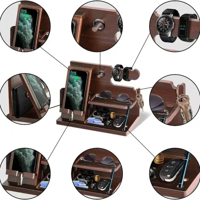 Norvo | Tre Nattbord Telefon Dockingstasjon – Multifunksjonelt Regal for Lommebok, Klokke og Oppbevaring, Ideell for Valentinsdagen