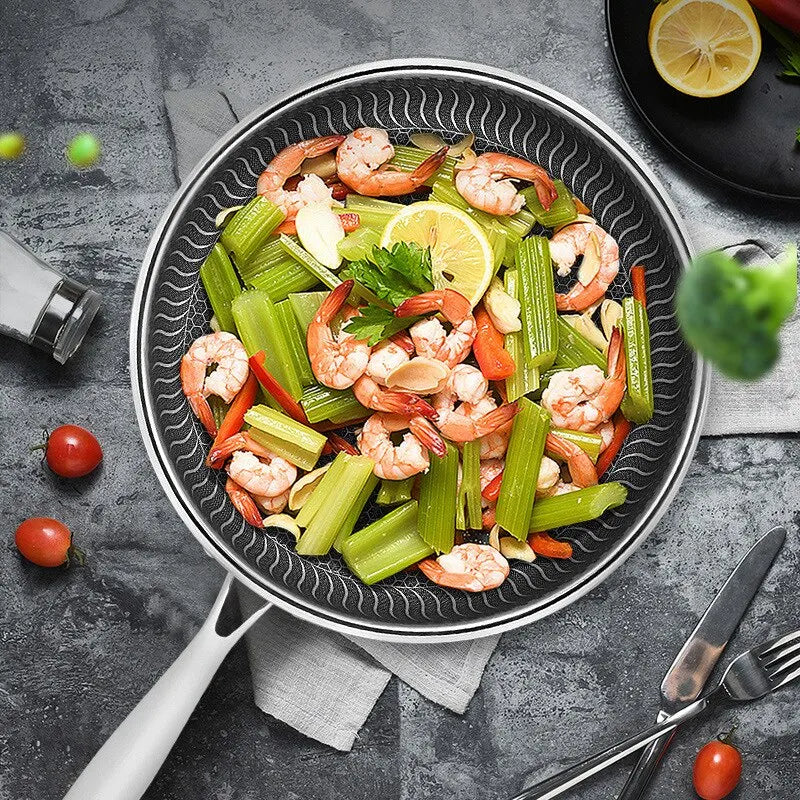 Norvo | Tri-Ply 316 rustfritt stål wok-panne med dobbeltsidig honningkakepanne - Egnet for alle komfyrer