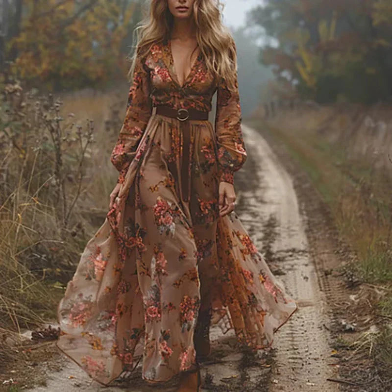 Norvo | Lav V-hals Langermet Boho Stil Maxi Kjole Iricka