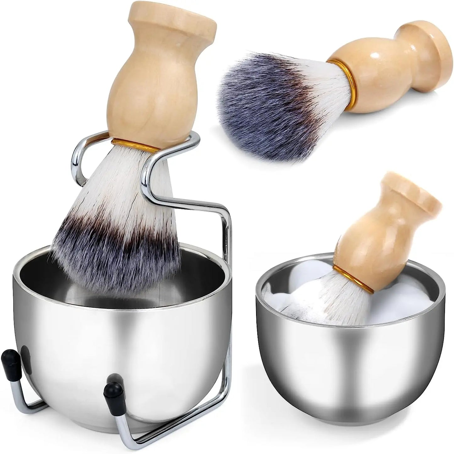 Norvo | Herre barberkost- og bollesett - 3-i-1 barberkit med trehåndtak-borste - rustfritt stål barberbolle & kosteholder