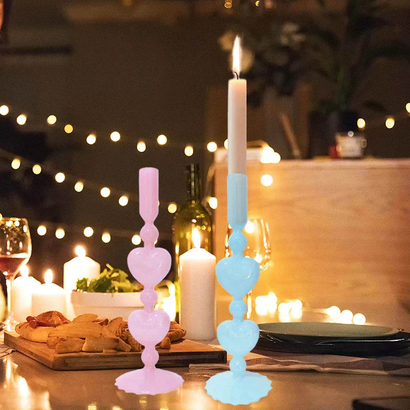 Norvo | Retro Taper Lysestake Rød Hjerteformet Glass Lysestake Bryllup Borddekorasjon Hjem Fest Glass Vase Dekor