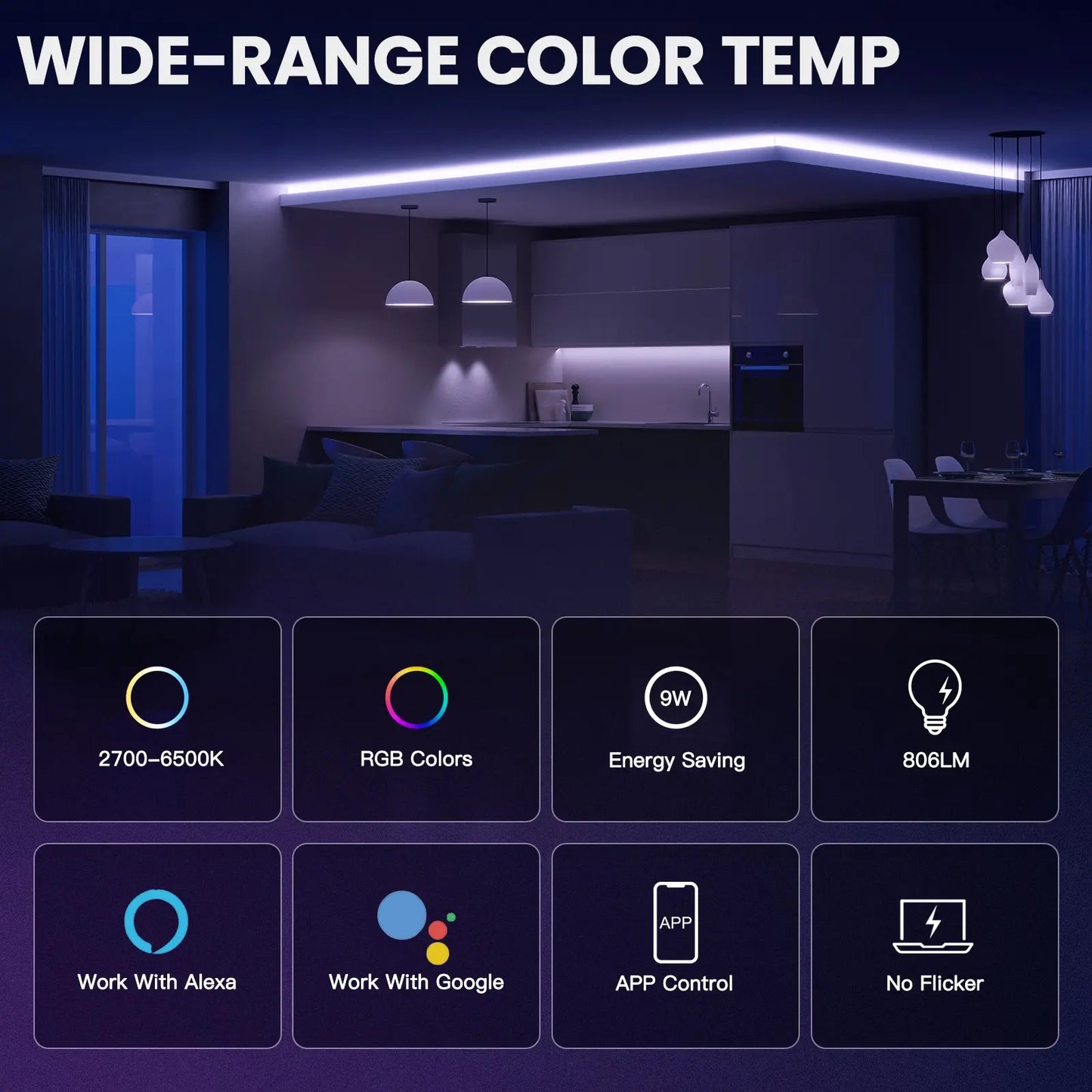 Tuya Smart LED RGB Lyspære 9W E27 - WiFi Justerbar Dimmbar Kontroller via SmartLife Google Alexa Apps