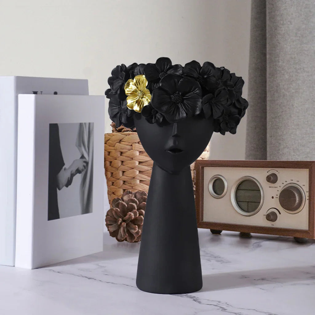Norvo | Nordisk Jente Hode Blomst Harpiks Vase Statue Blomst Blomster Vaser for Kontor Skrivbord Tørkede Blomster Ornamenter Dekor Beholder
