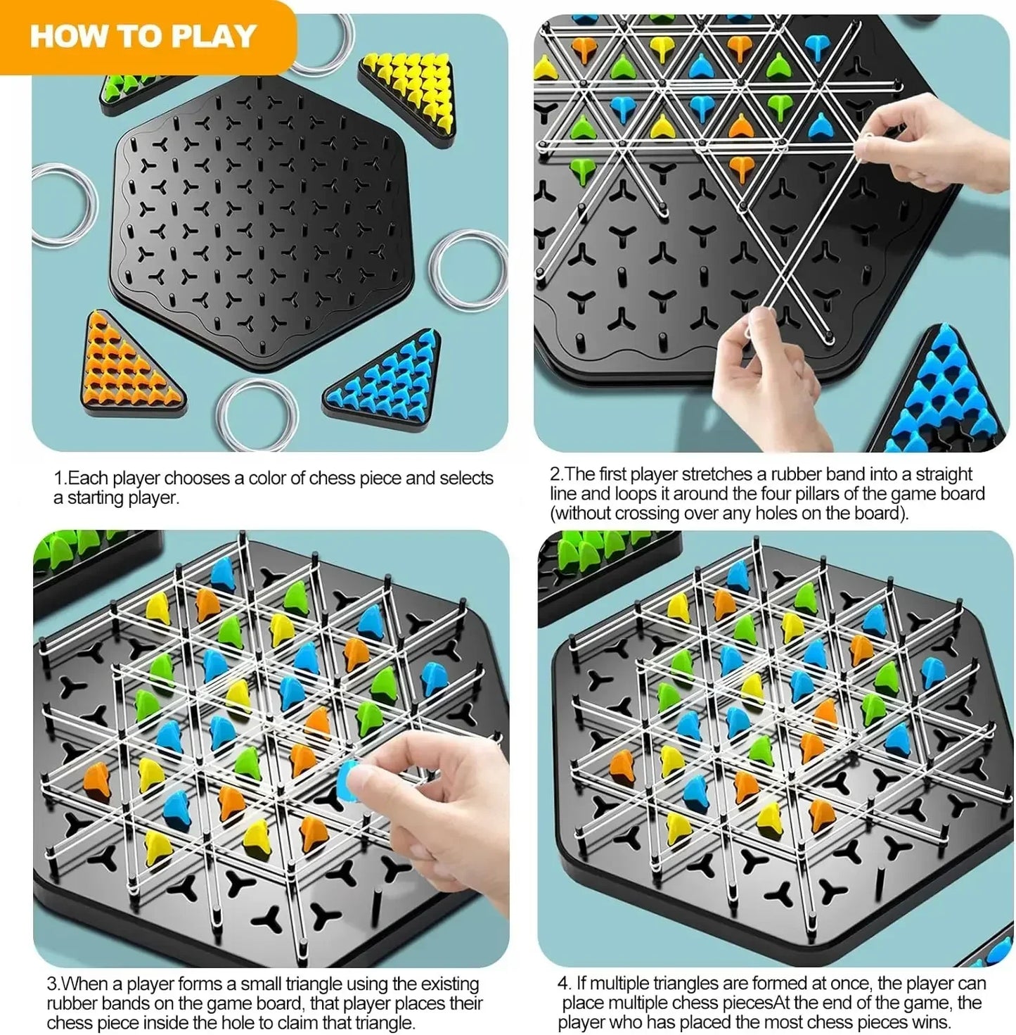 Triangle Strategy Sjakkspill Sett for 2-4 Spillere - Familie Moro Brettspill for Barn & Voksne med Gummistrikk Utfordring