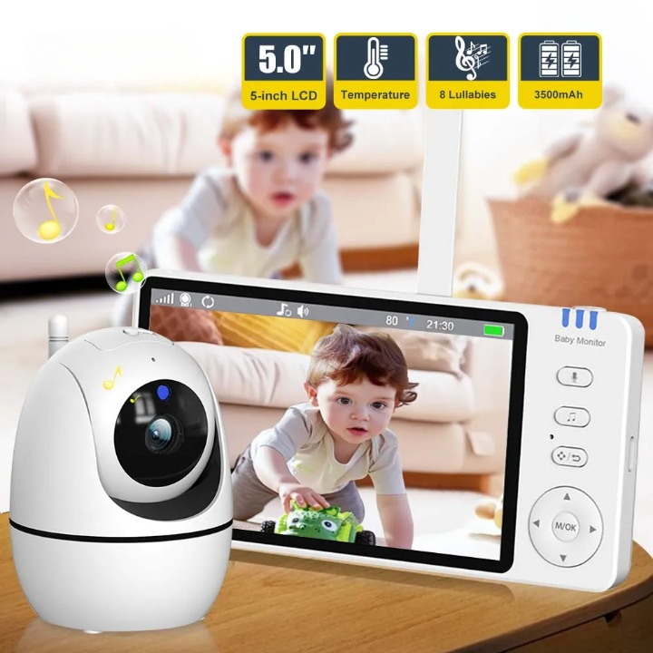 Norvo | 5-tommers HD video baby monitor med kamera, PTZ zoom og nattsyn