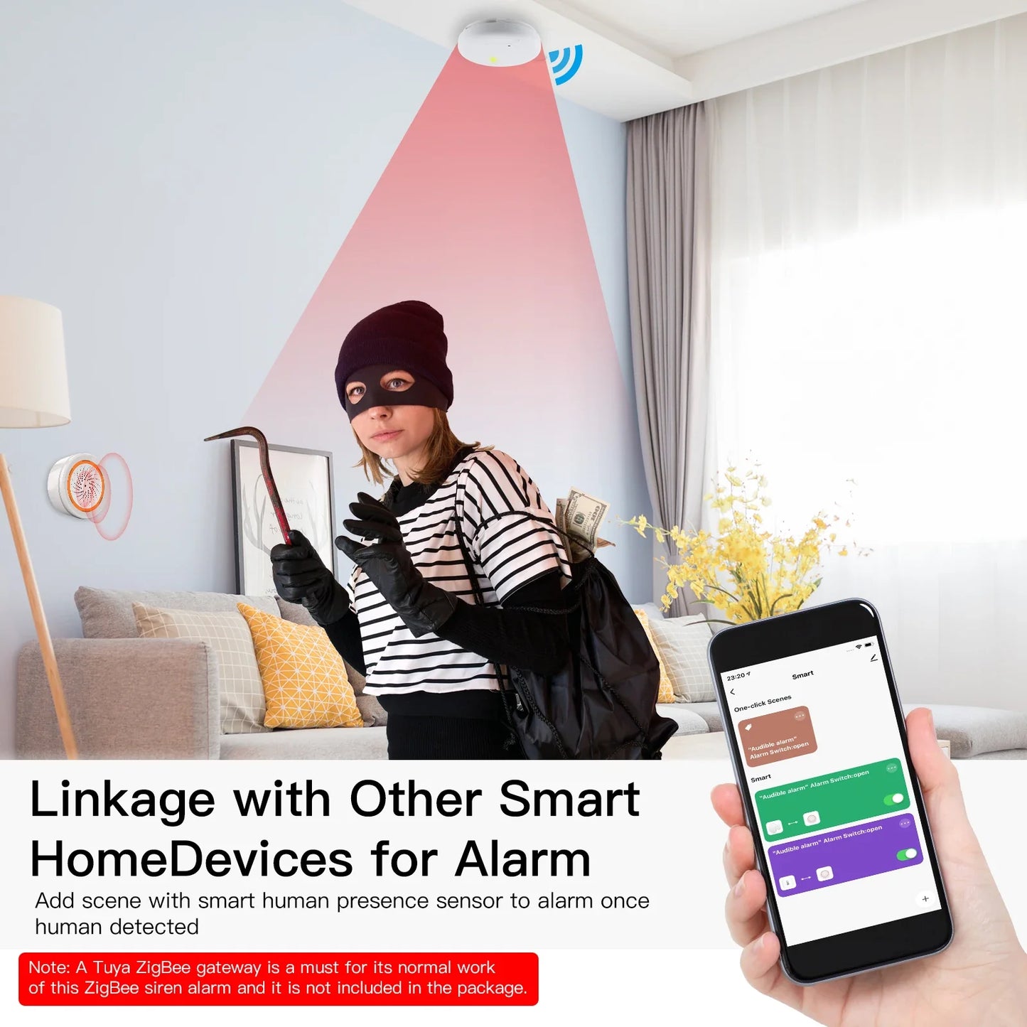 Tuya ZigBee Smart Lyd- og Lys sirene - WiFi 90dB Alarmkontroll via SmartLife Google Alexa-apper