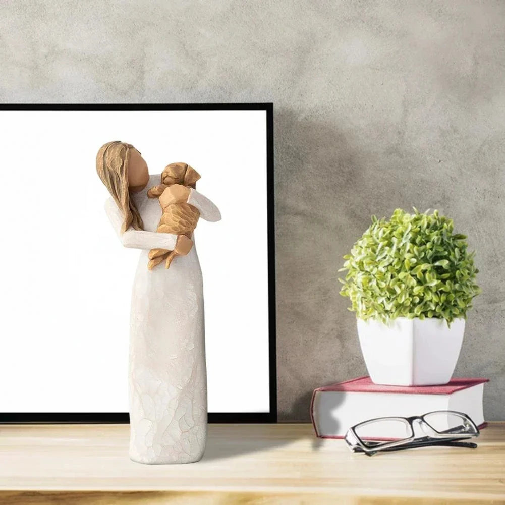 Norvo | Statuett laget av harpiks, mennesker, familiefigurer, skulptur, figurer for hjemmedekor, borddekorasjon, stue, engel, omfavnelse, hund, far, barn