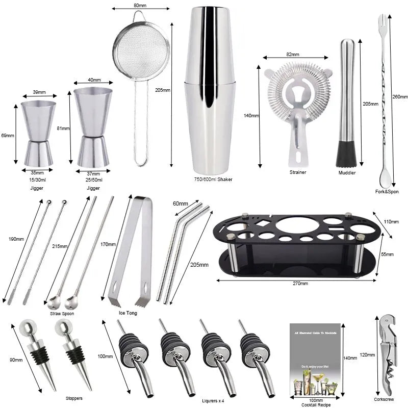 Norvo | 13-22 stk Boston Cocktail Shaker Set - 750ml & 600ml Barverktøy, Vinmikser-sett med holder - Profesjonelt bartender-verktøysett