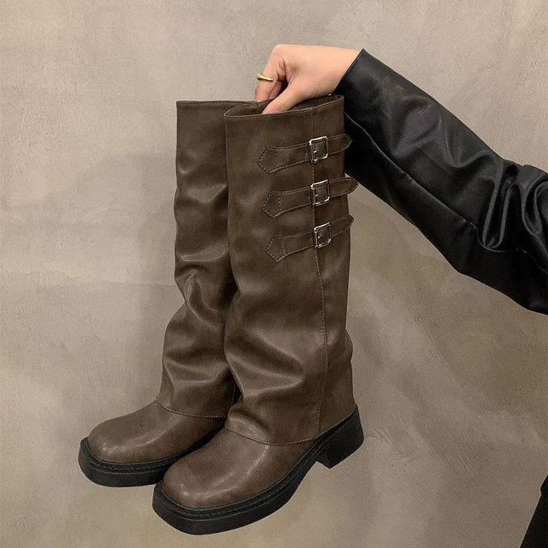 Norvo | Retro Stil Kne-Høye Støvler Kvinner Mote Kvinner Slip-On Ridder Lange Støvler Høst Vinter Kvinner Fottøy