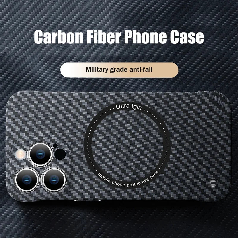 Norvo | Ultra tynn karbonfiber magnetisk etui for iPhone 16 15 ProMax 14 Plus 13 12 11 Pro Max Magsafe trådløs lading uten ramme deksel