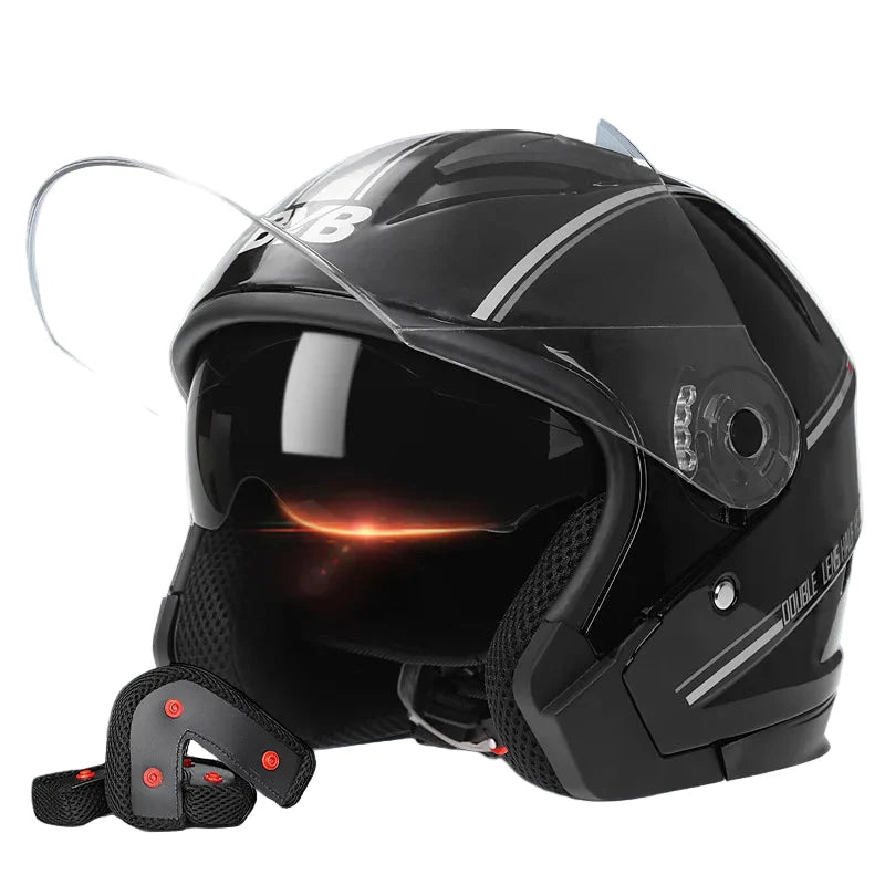 Norvo | Retro 3/4 Åpen-Face Motorsykkelhjelm med Dobbelt Linse – AeroRide