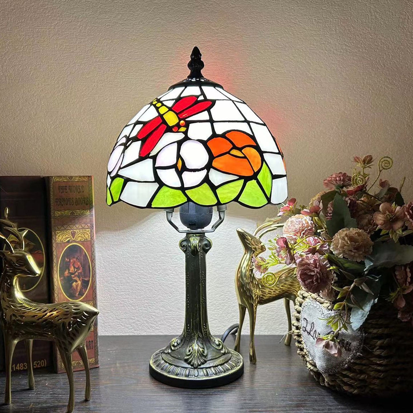 Norvo | Tradisjonell Tiffany Legert Glasskuppel Blomst 1-Lampe Bordlampe for Nattbord