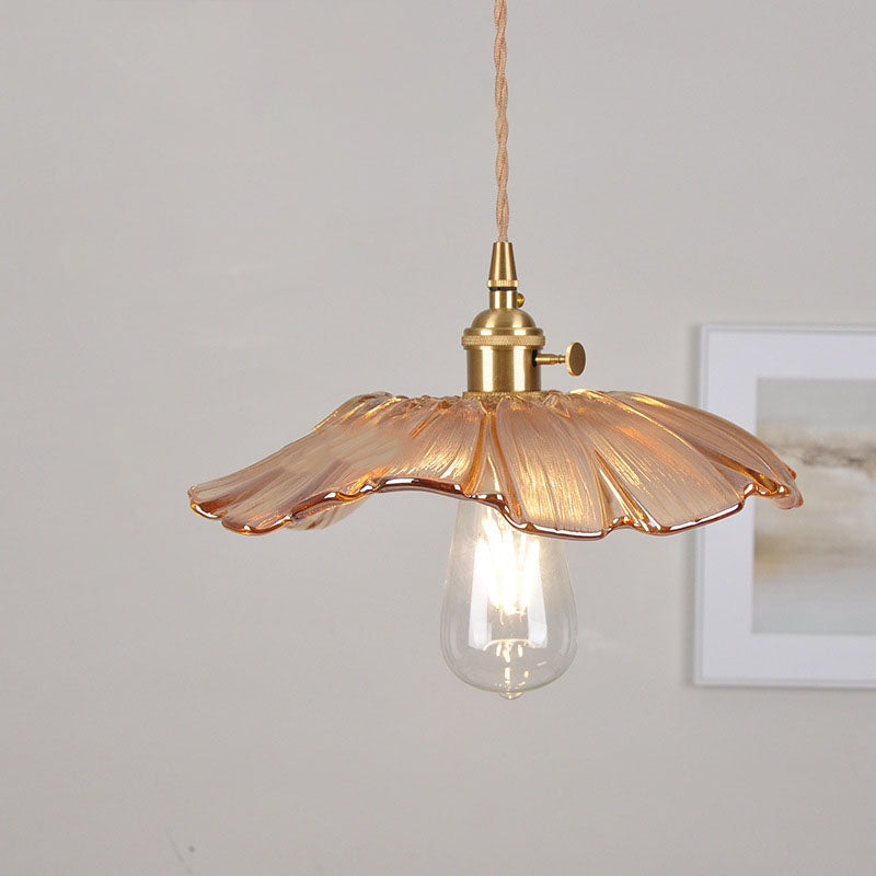 Norvo | Moderne Art Deco Solsikke Lotusblad Glasskjerm Messing 1-Lys Pendellampe for Stue