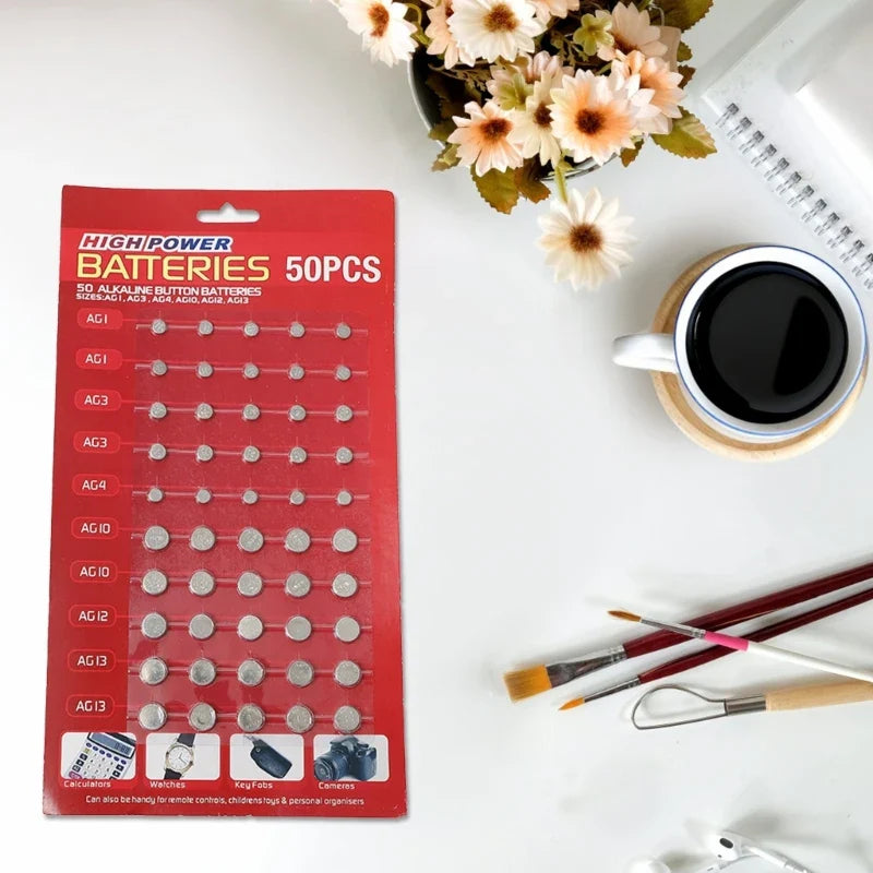 Norvo | 50/100Stk blanding knappcellebatteri sett - AG1/AG3/AG4/AG10/AG12/AG13 batterier for klokker, leker, klokker, kalkulatorer